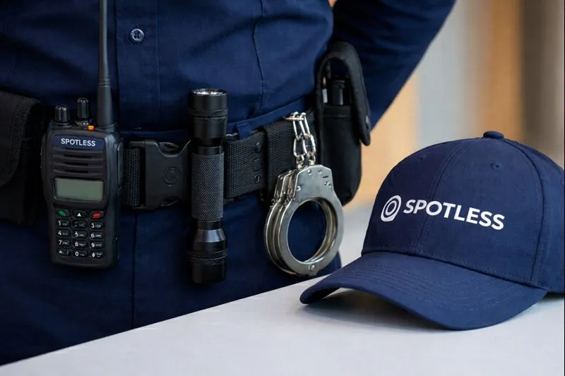 Security guard checking a door lock after an alarm, ensuring property safety
